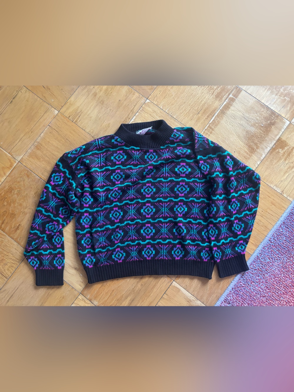 Jantzen Black Crewneck Sweater with Teal & Purple Geometric Print